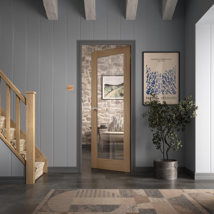 Clear glazed oak internal door with safety glass – ideal for light flow between rooms